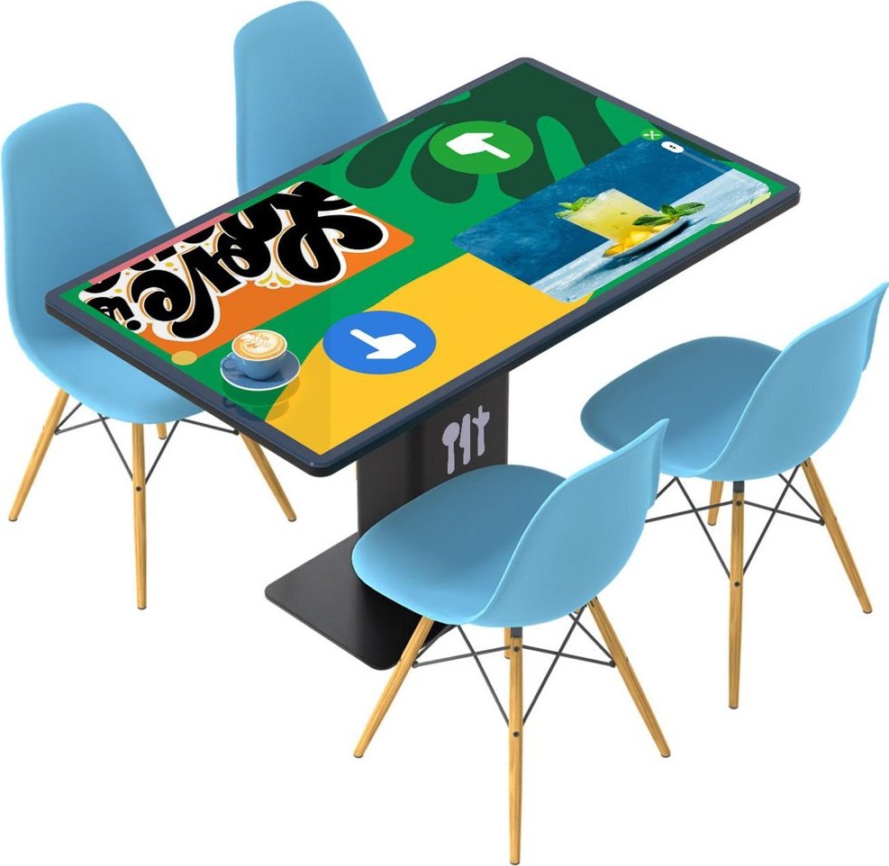 Smart table with four chairs and branded content
