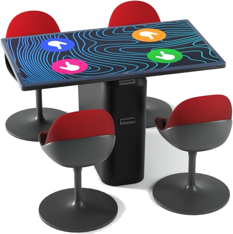 Smart table with four red chairs and a game on screen